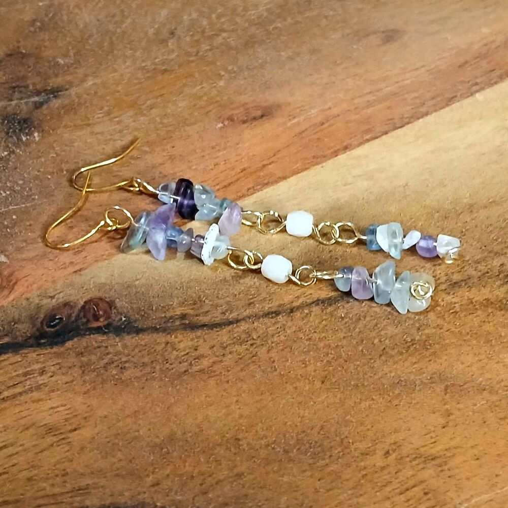 Rainbow Fluorite Crystal Beaded Dangle Earrings, Gemstone Long Boho
